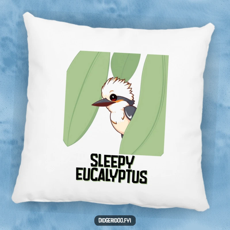 Funny kookaburra pillow, curious bird peeking from eucalyptus leaf, humorous home decor, cozy accent pillow gift.