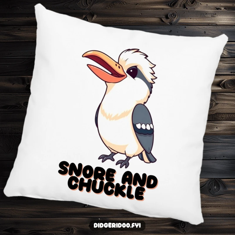 Funny Kookaburra Pillow featuring a cheerful bird with a wide beak mid-laugh, offering plush comfort and smiles.