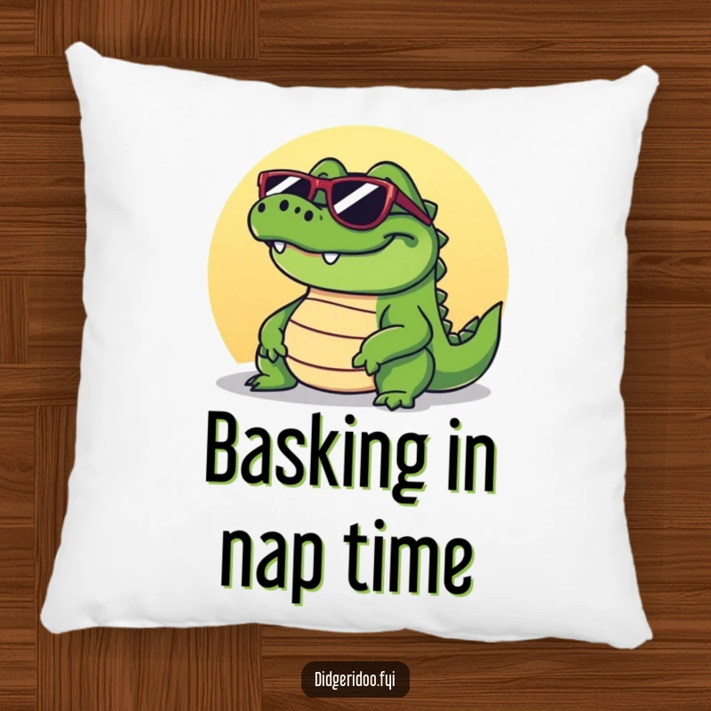 Funny crocodile pillow featuring a soft, plush reptile with sunglasses, grinning and basking in the sun, perfect for relaxation.