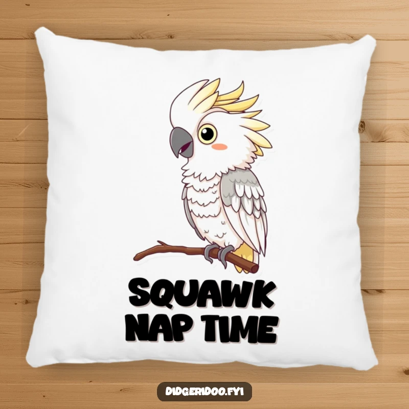 Funny Cockatoo Pillow: A curious cockatoo adorned with a colorful feather boa perches and squawks, offering humorous comfort.