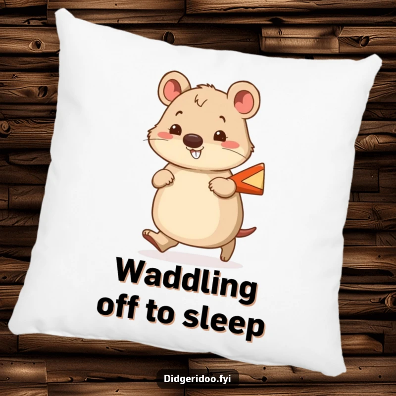 Funny wombat pillow featuring a cheerful wombat waddling with a smile, holding a tiny boomerang, perfect for comfort.