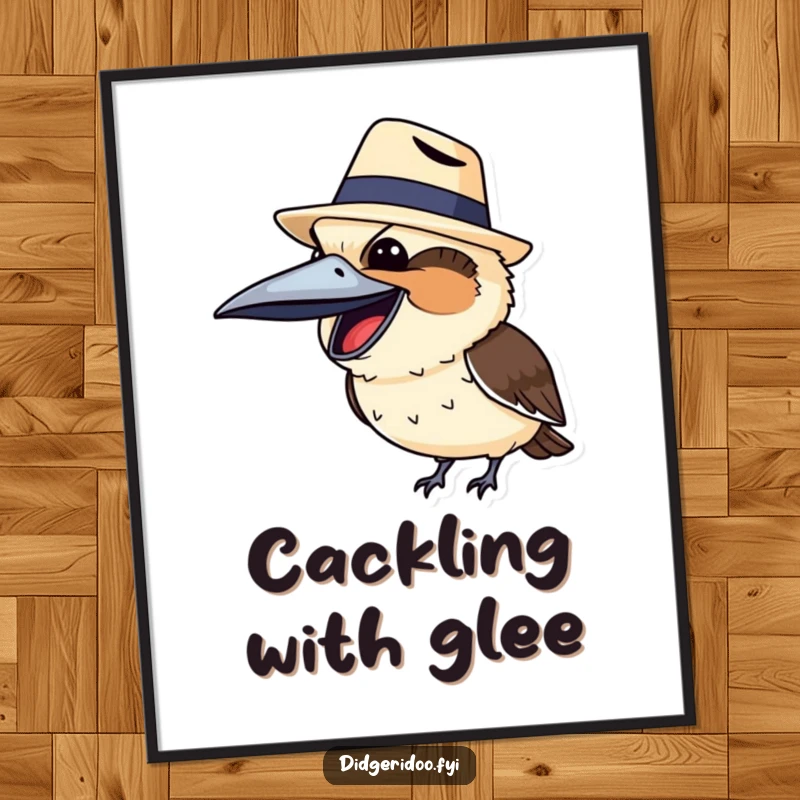 Funny kookaburra wearing a tiny Akubra hat, mid-laugh, humorously depicted in a digital art print, ready for instant download.