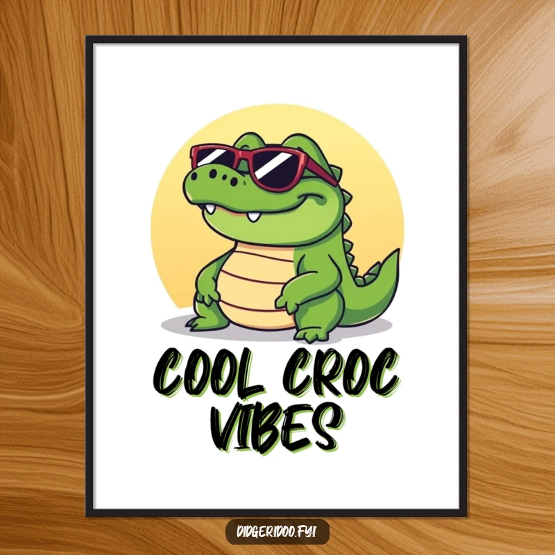 Funny crocodile digital art print of a grinning reptile wearing sunglasses, basking in the sun with a cool and relaxed attitude.