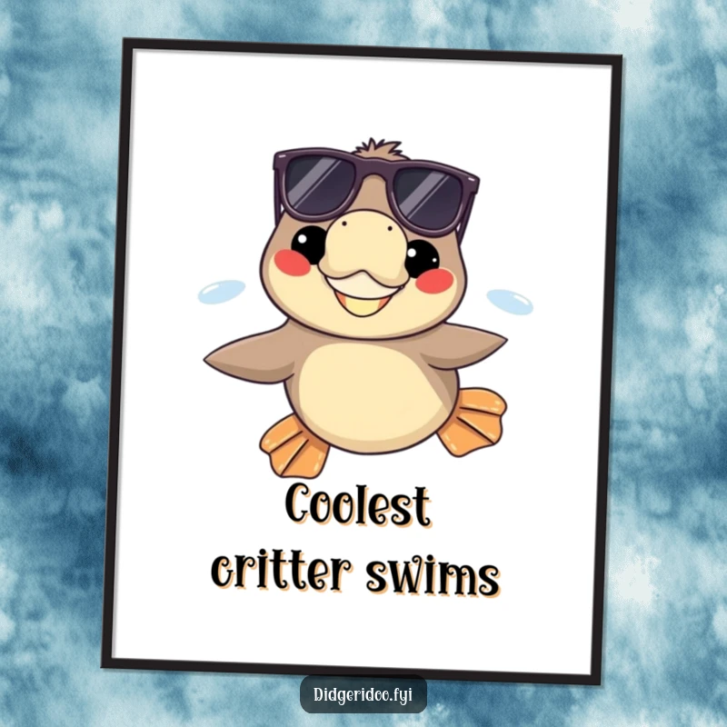 Funny platypus with sunglasses grinning, swimming with flippers extended, a digital art print delivering cool, humorous aquatic vibes.