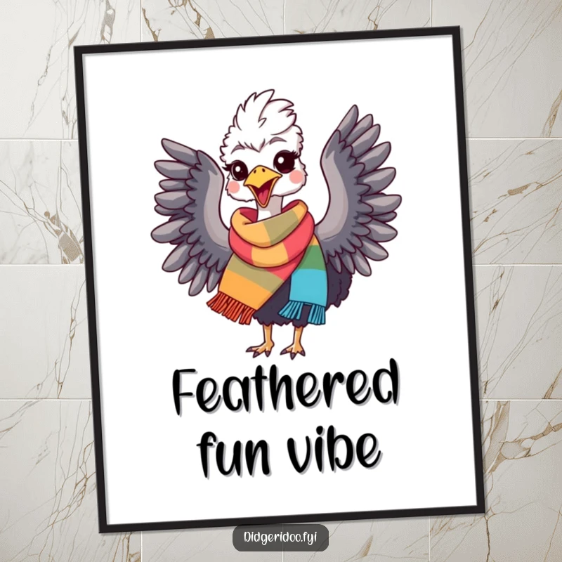 Funny Emu Digital Art Print: A joyful emu wearing a scarf, flapping wings in pure delight. Instant funny gift download.