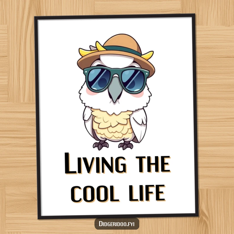 Funny cheerful cockatoo wearing sunglasses and an Akubra hat, offered as digital art for cool and sunny decor.