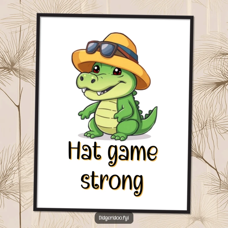 Funny crocodile digital art print, wearing a cool hat, giving a friendly toothy grin, instant download for humorous decor.