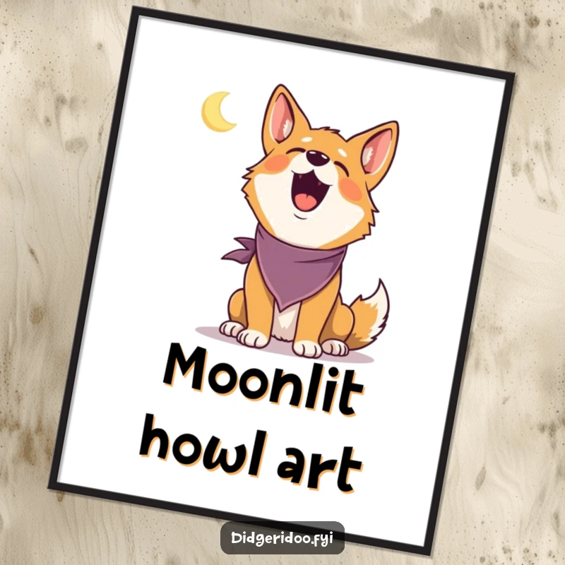 Funny Dingo Digital Art: A delighted dingo in a bandana looks up and howls at a tiny moon, capturing pure humorous joy.