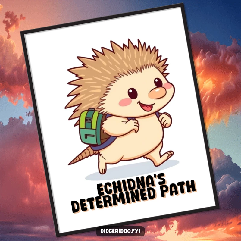 Funny Echidna Digital Art: A happy echidna wearing a backpack waddles forward with determination, a humorous and motivational print.
