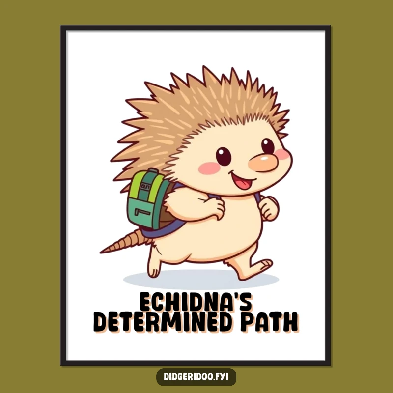 Funny Echidna Determined Digital Art: Printable art of a happy echidna backpack waddling, instant funny gift.