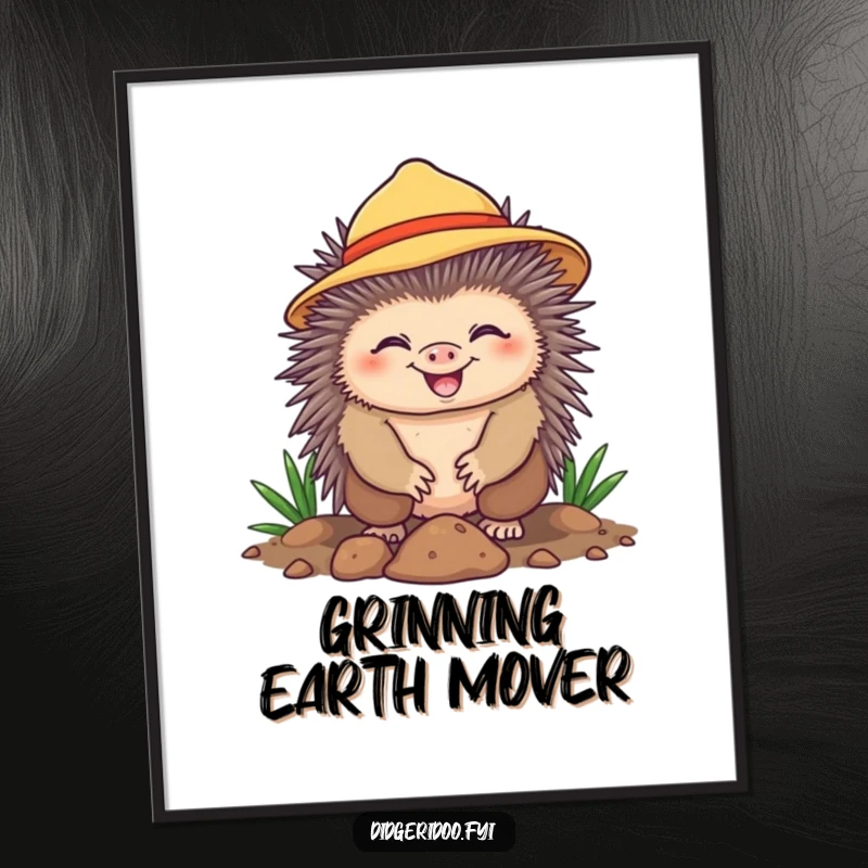 Funny Digital Art Print of a cheerful echidna wearing a sun hat, happily digging with a grin. High-resolution, sunny, and humorous artwork.