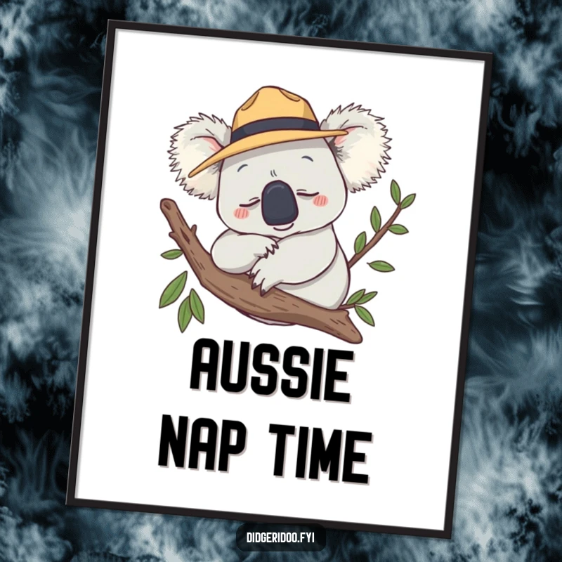 Funny Digital Art Print of a smiling koala wearing an Akubra hat, snoozing peacefully on a branch.