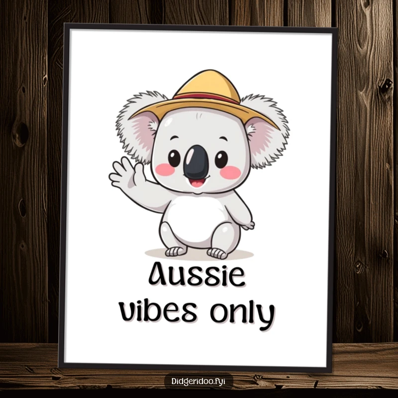 Funny Koala Digital Art Print with a tiny Akubra hat waving hello, a cute and humorous piece of Australian-themed decor.