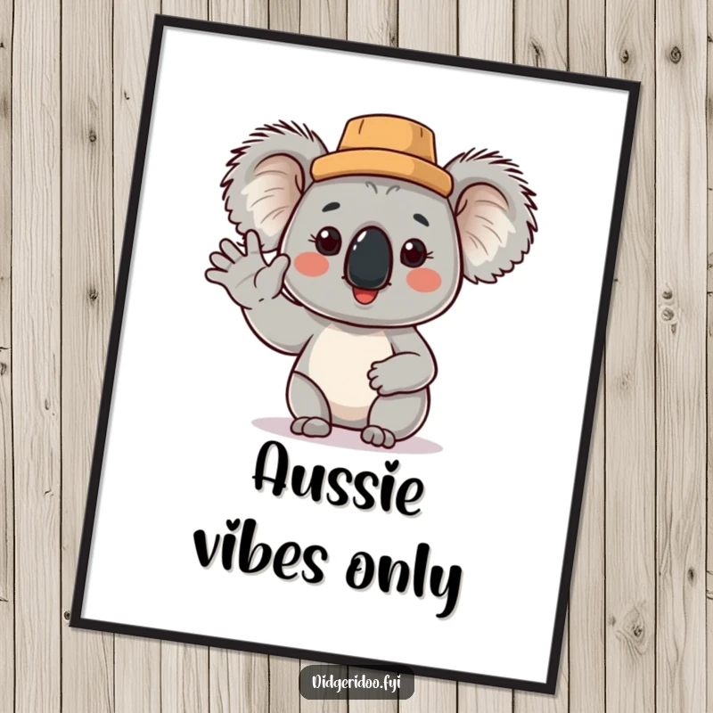 Funny Koala Digital Art Print: a proud koala in a cork hat waves cheerfully, bringing Australian humor and happiness to any digital display.