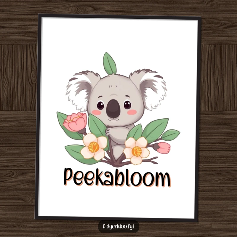 Funny Digital Art Print: A curious koala peeks from behind a stylized eucalyptus bloom, charming and downloadable nature artwork.