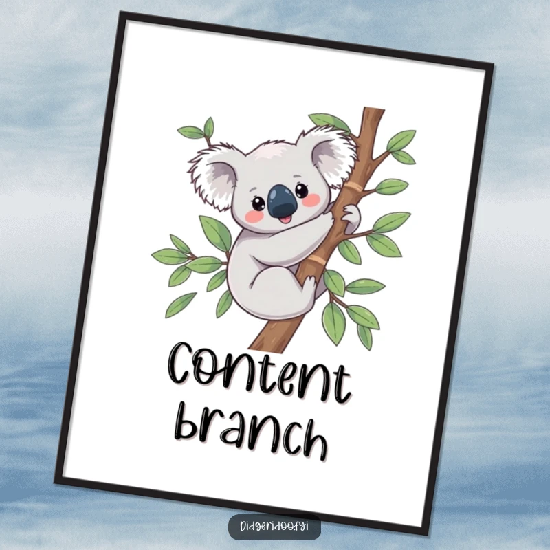 Funny Koala Digital Art Print of a content koala peacefully clinging to eucalyptus, exuding ultimate serenity.