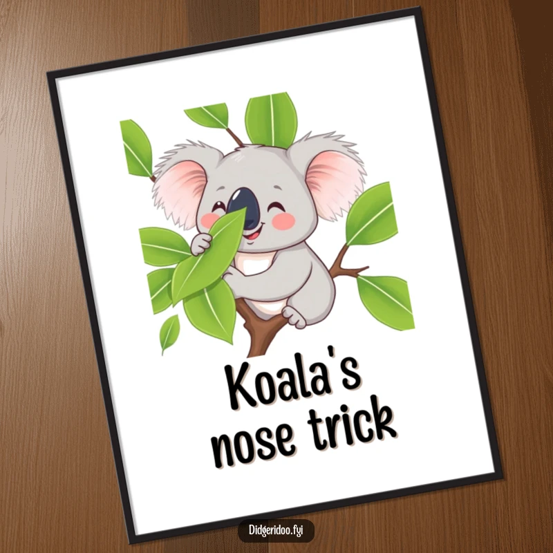 Funny koala character digital art print, smiling and balancing a eucalyptus leaf on its nose, delivering instant calm, cute, and humorous art digitally.