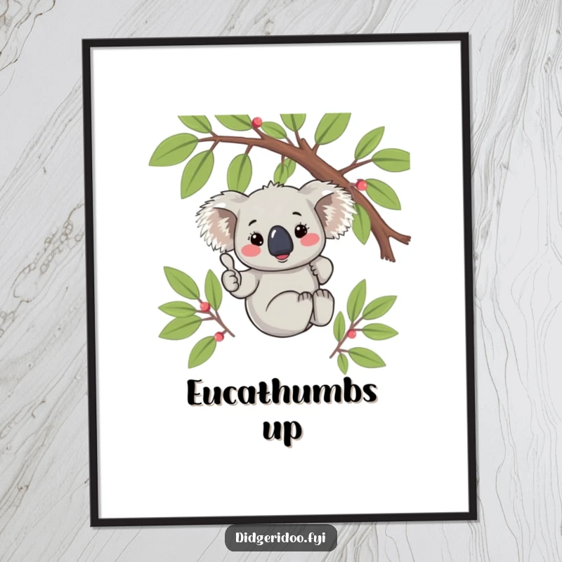 Funny Koala Thumbs Up Digital Art Print: A blushing koala gives a thumbs up from a branch, creating charming and funny wall art.