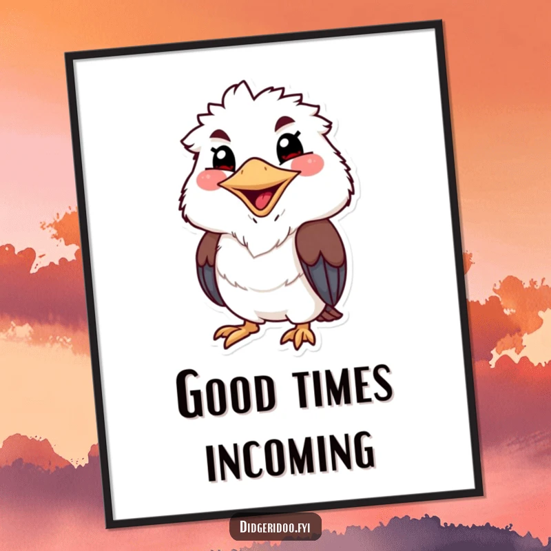 Funny kookaburra digital art print of a grinning character with a wide, cheerful beak, ready to share infectious laughter.