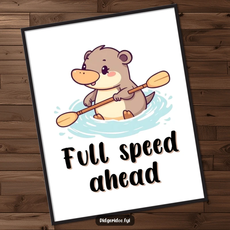 Funny platypus digital art print of a determined character paddling energetically through stylized water, capturing Aussie drive digitally.