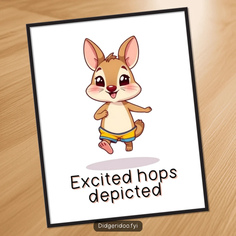 Funny wallaby wearing bright shorts, hopping excitedly, a digital art print radiating playful energy and humorous charm for any wall.