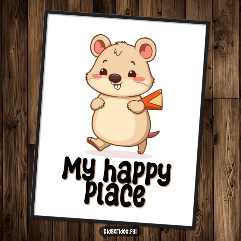 Funny wombat digital art print of a cheerful wombat waddling with a smile, carrying a tiny boomerang, full of joy.