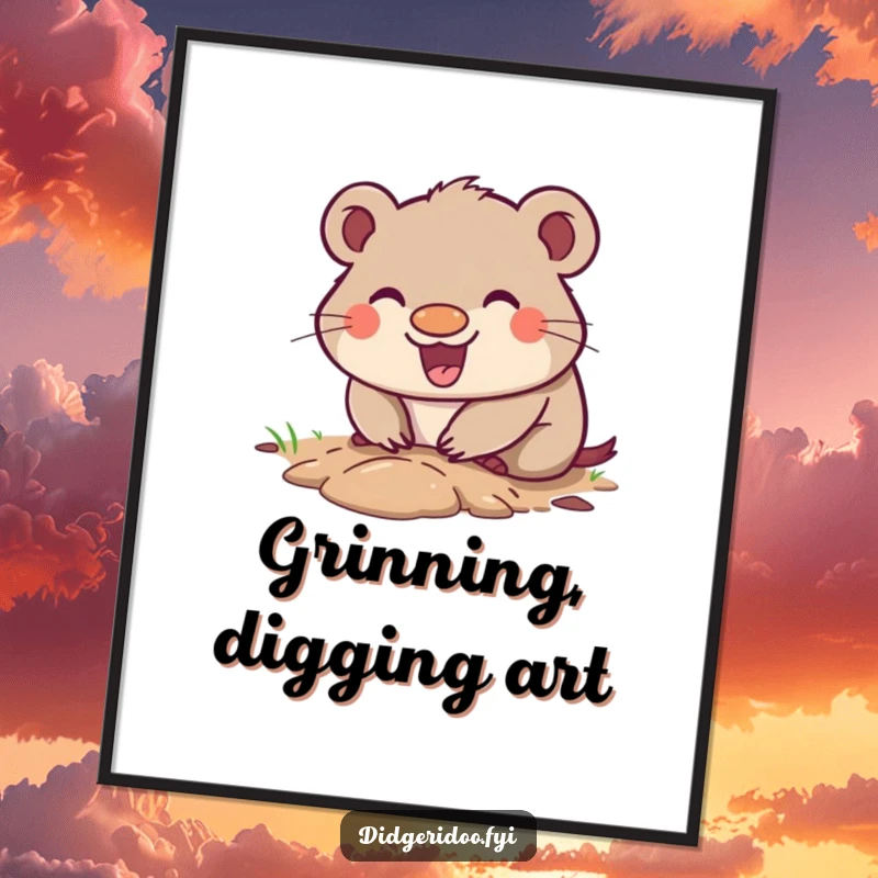 Funny Wombat Digital Art Print with a happy grin, digging a small enthusiastic hole, a cute and humorous piece of Outback-themed decor.