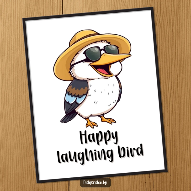 Funny Digital Art Print of a cheerful kookaburra wearing a sun hat, laughing heartily.