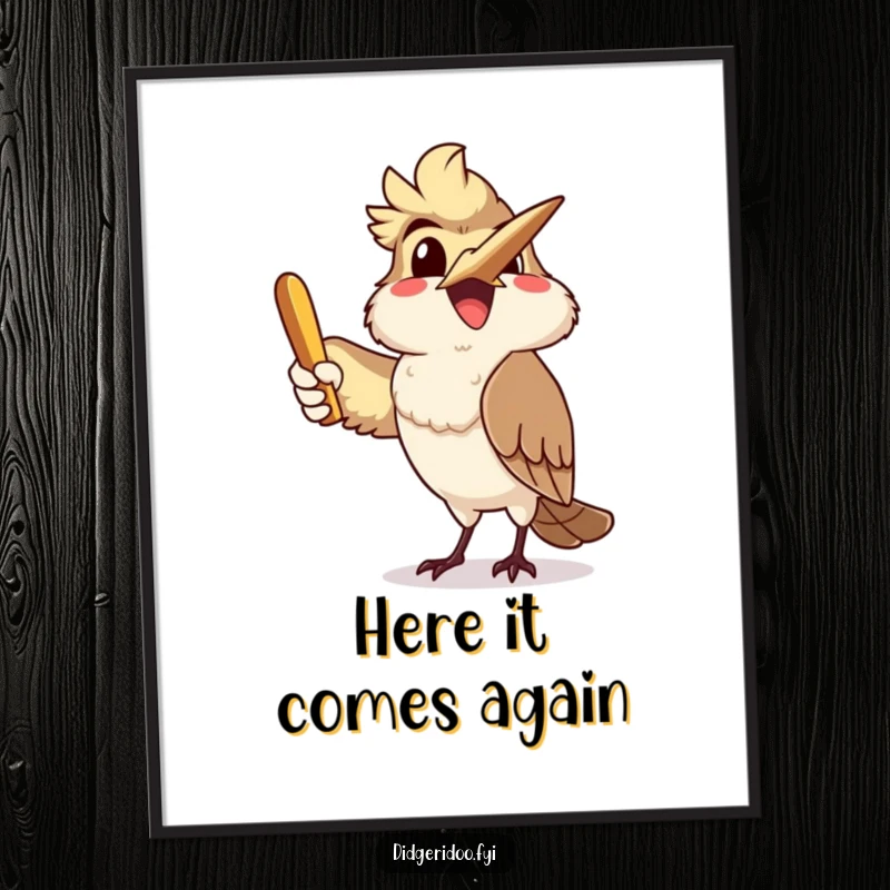 Funny, delighted kookaburra character joyfully throwing a boomerang, available as a downloadable digital art print for instant decoration.