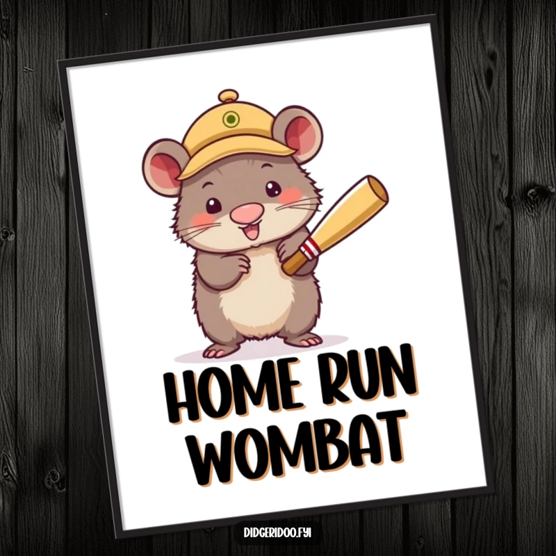 Funny Digital Art Print of a wobbly wombat wearing a cricket cap, enthusiastically batting. High-resolution, humorous sports artwork.