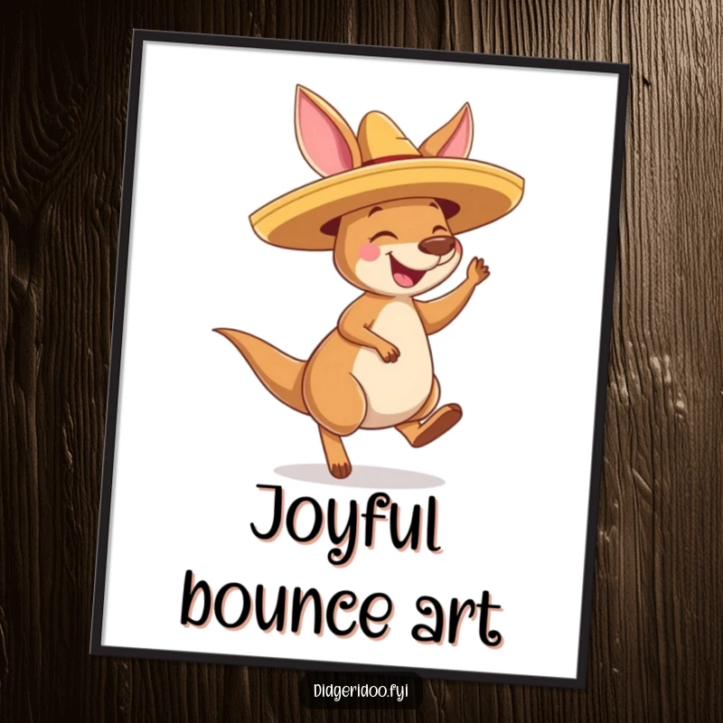 Funny Kangaroo Sombrero Digital Art Print: A kangaroo in a sombrero bouncing with pure joy, perfect for humorous wall decor.