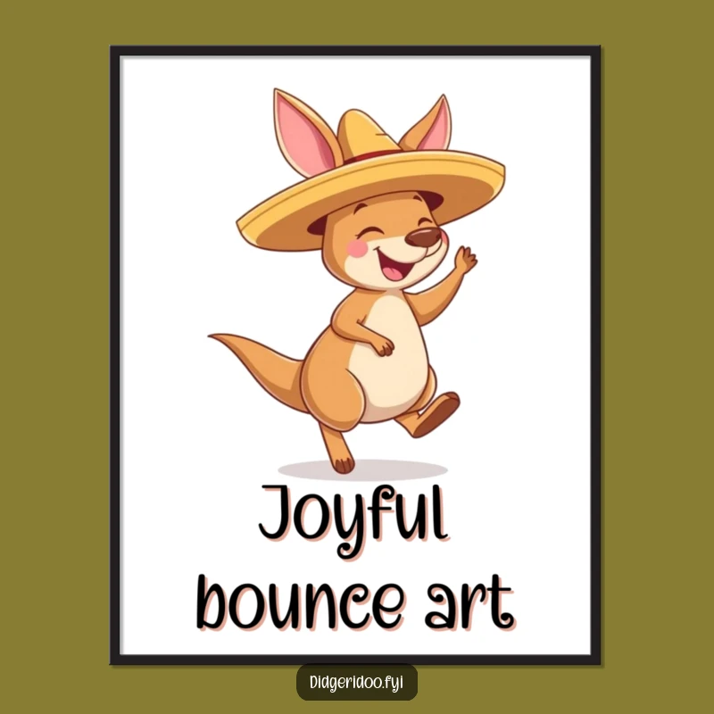 Funny Kangaroo Sombrero Digital Art: Joyful Bouncing Wall Decor, Instant Gift
