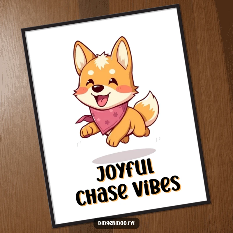 Funny Dingo Digital Art Print: A joyful dingo with a bandana is captured mid-chase, radiating pure fun and playful energy.
