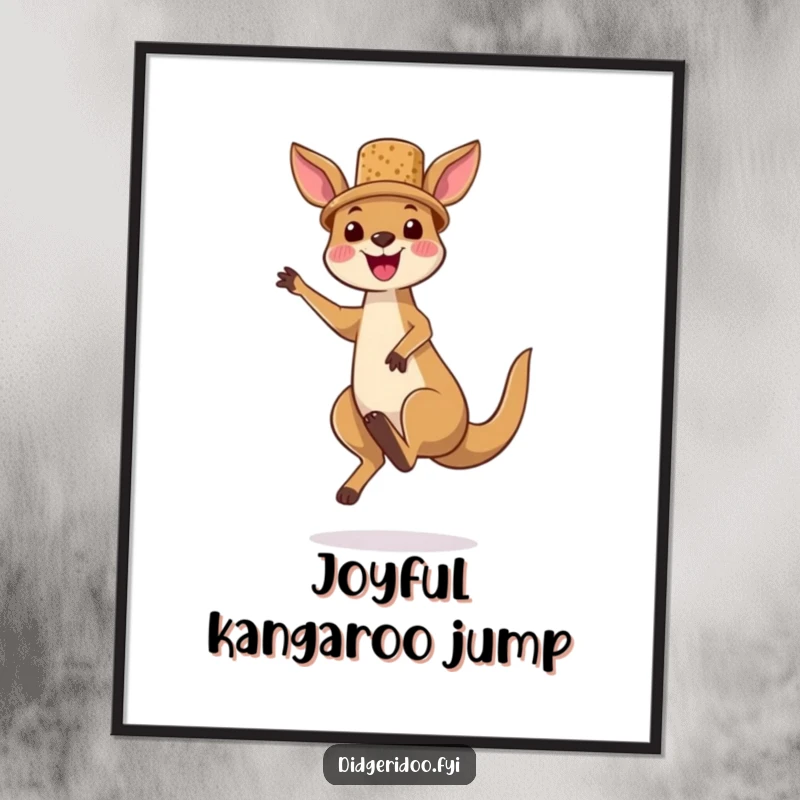 Funny kangaroo character digital art print, wearing a tiny cork hat and jumping high, delivering instant Aussie-themed adventure and playful humor digitally.