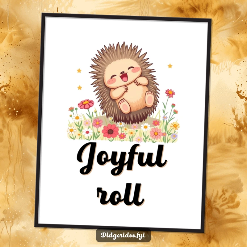 Funny Echidna Wildflower Digital Art Print: A playful echidna rolls joyfully in a field of wildflowers, creating cheerful and funny wall art.