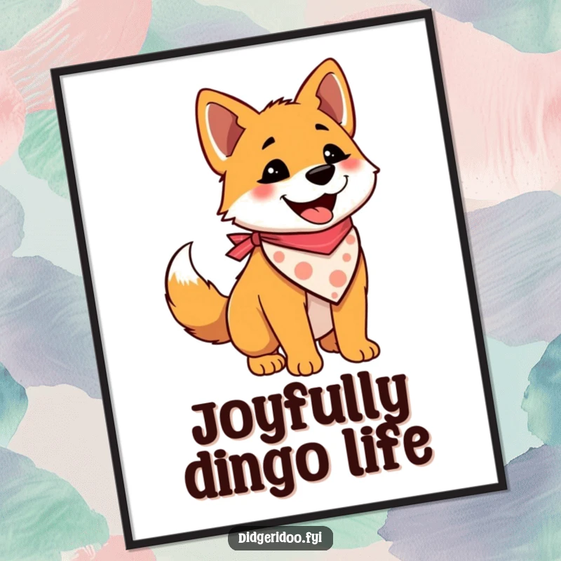 Funny digital art print of a delighted dingo wearing a bandana and wagging its tail, perfect for instant download.