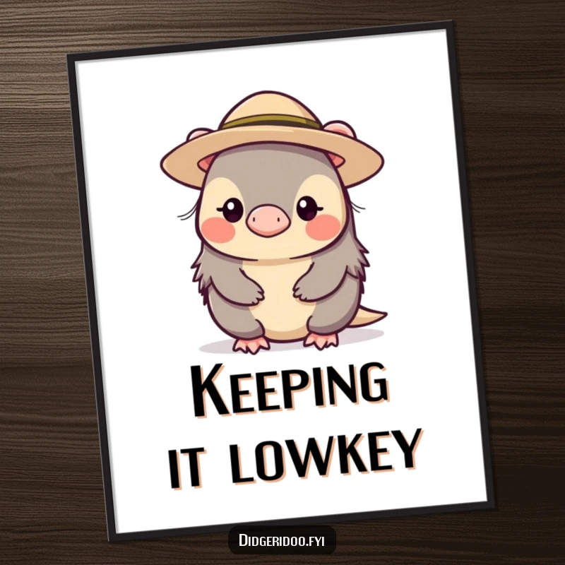 Funny, shy platypus character wearing a small, wide-brimmed hat, available as a downloadable digital art print for understated decoration.