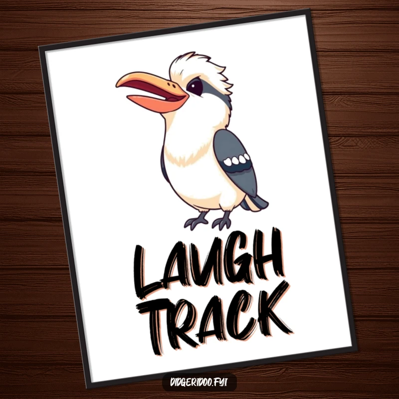 Funny Kookaburra Digital Art Print of a cheerful bird with a wide beak mid-laugh, radiating pure joy.