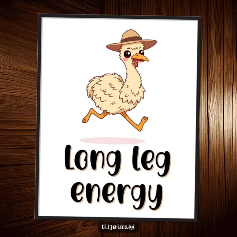 Funny digital art print of a smiling emu running with long strides, ready to bring instant energetic joy.