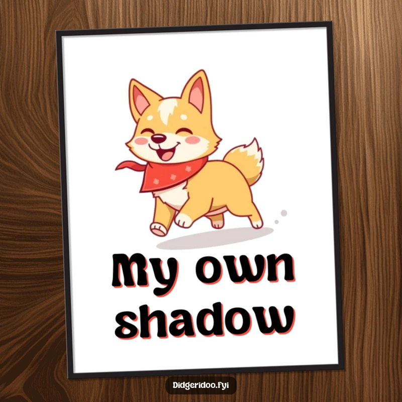 Funny dingo digital art print of a smiling dingo in a bandana chasing a shadow, ready to download and display.