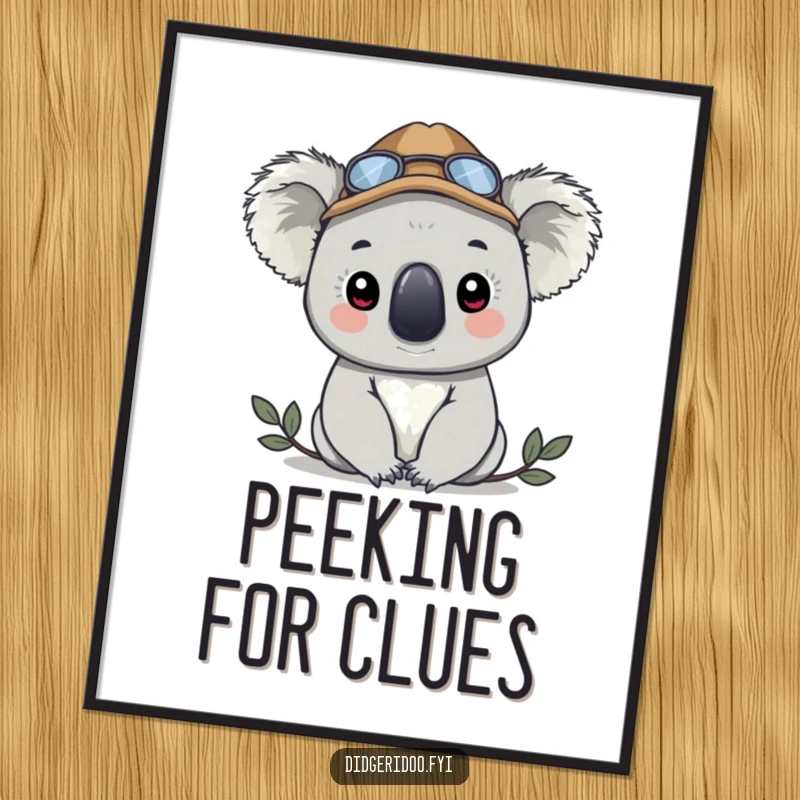 Funny koala in a detective hat, peeking, vibrant digital art print, instantly downloadable for intriguing and humorous wall decor.