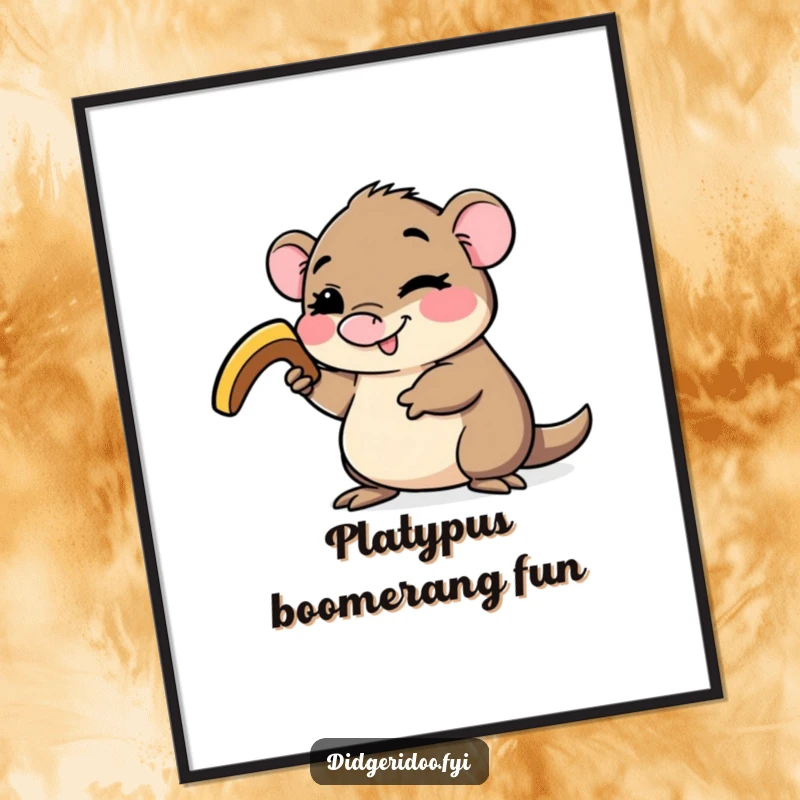 Funny platypus character digital art print, winking and holding a small boomerang, delivering instant quirky Australian humor and playful charm digitally.