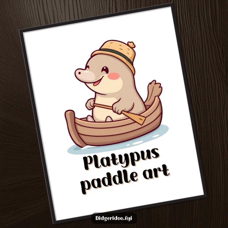 Funny giggling platypus wearing a tiny cork hat, paddling a miniature boat, a high-resolution digital art print for whimsical wall decor.