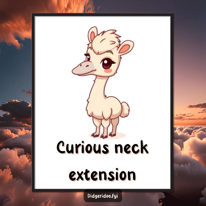 Funny emu digital art print of a playful bird stretching its long neck with a curious look, perfect for adding whimsical decor.