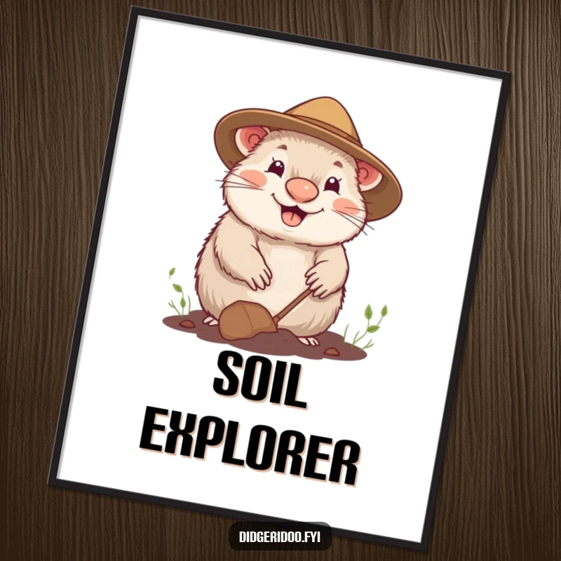 Funny digital art print of a cheerful wombat happily digging, ready to bring instant nature joy and humor.