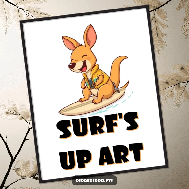 Funny laughing kangaroo wearing a surf vest riding a surfboard, a digital art print celebrating surfing and humor.