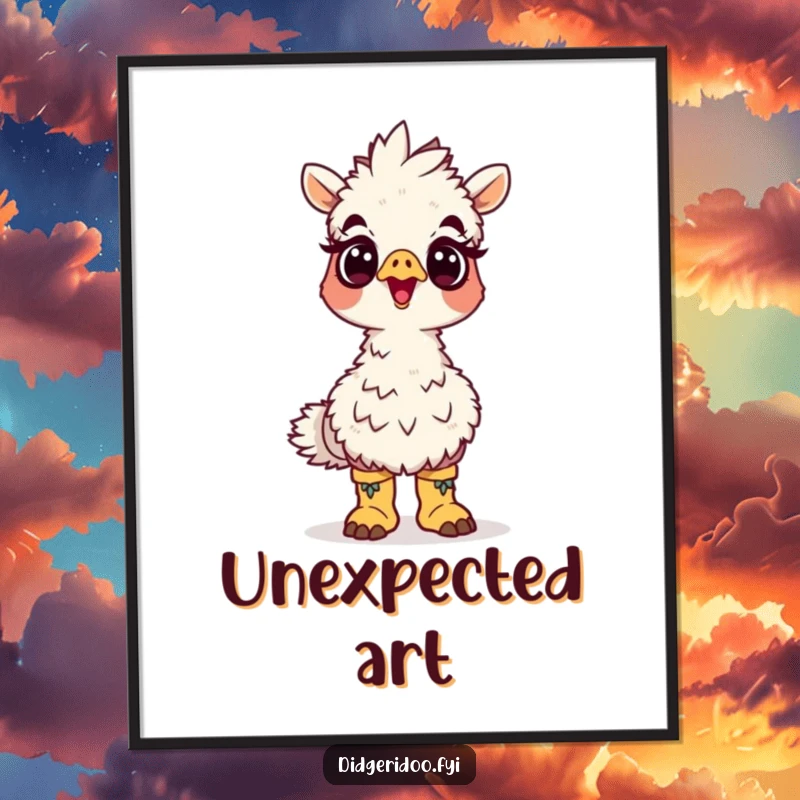 Funny emu boots digital art print of a surprised cartoon emu wearing tiny boots looking up, offering instant humorous decor.