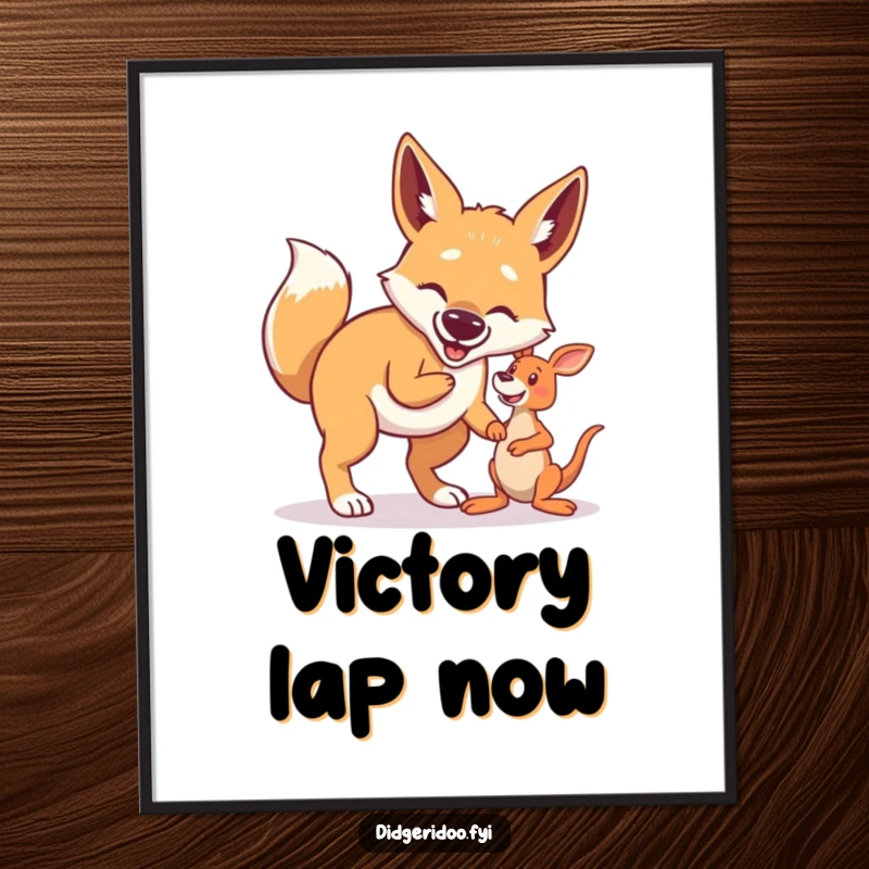 Funny Dingo Digital Art: A proud dingo is joyfully playing fetch with a small kangaroo toy, a vibrant and humorous illustration.