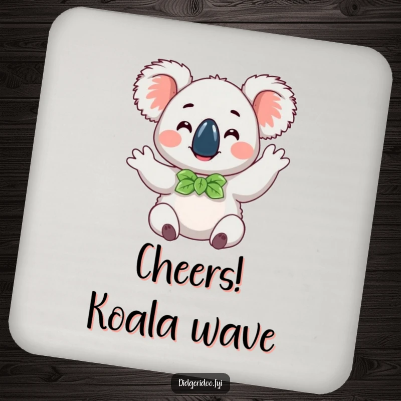 Funny happy koala wearing a eucalyptus leaf bow tie, doing a cheerful wave, humorous coasters to protect surfaces with charm.