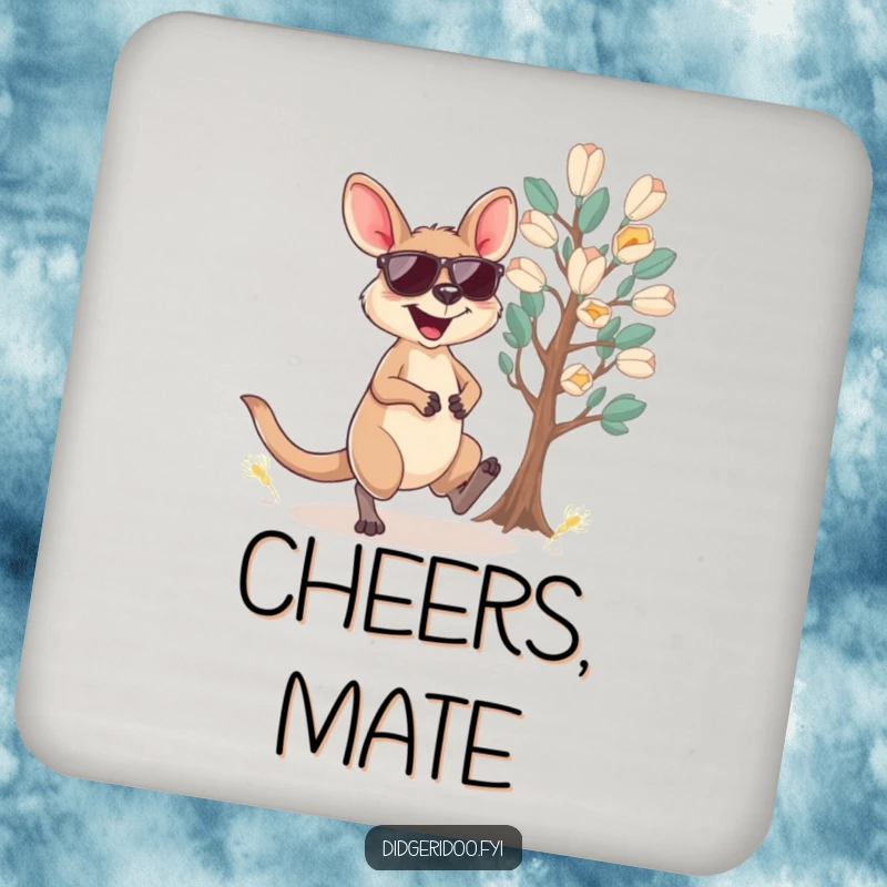 Funny wallaby coaster showing a cool wallaby in sunglasses hopping near eucalyptus, protecting surfaces with humor.